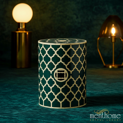 Decorative Cylindrical Wooden Stool with Geometric Pattern | Luxury Handmade Stool