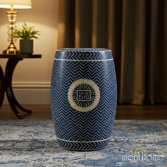 Blue inlay Garden Stool with Geometric Pattern | Luxury Handmade Stool