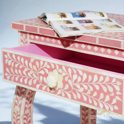 2-Drawers Pink Floral Boen Inlay Bedside Table | Luxury Handmade Bedside Table