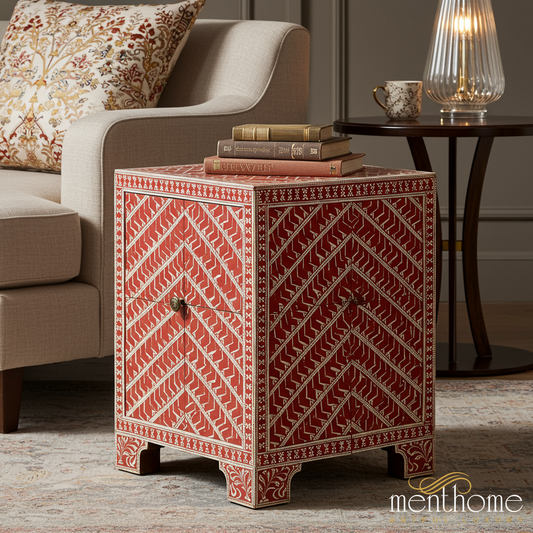 Red Geometric Patterned Cabinet | Luxury Handmade Side Table