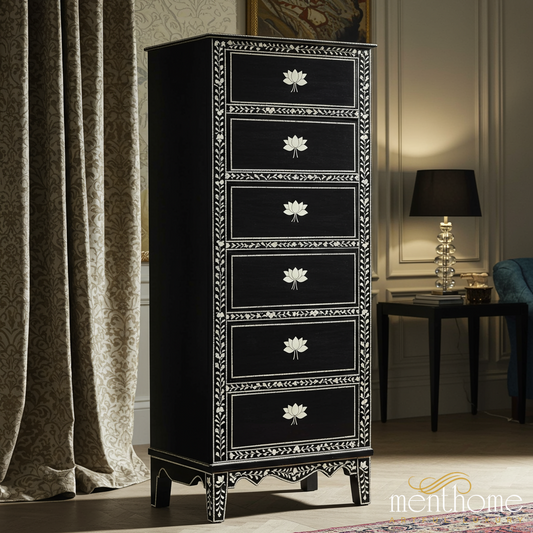 Black Wooden Tallboy Chest with Lotus Inlay Design | Luxury Handmade Tallboy