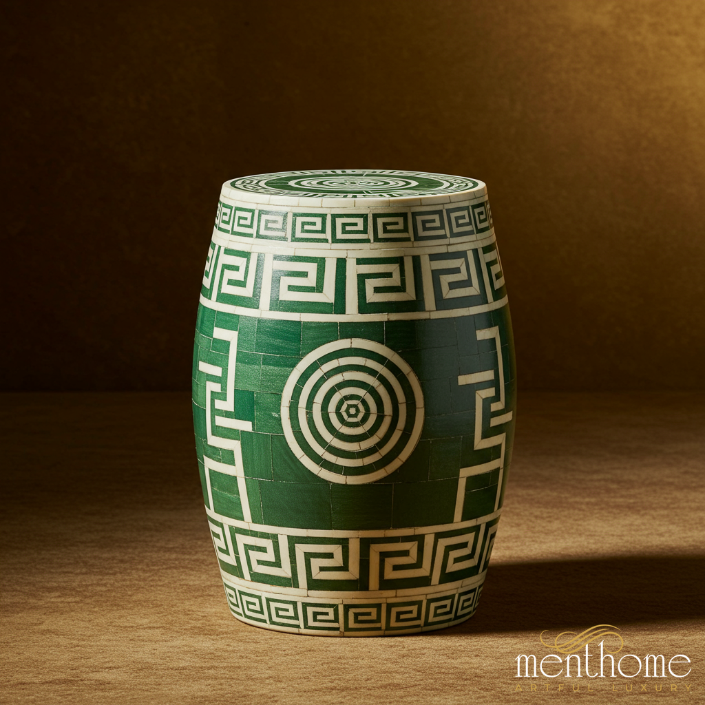 Green and White inlay Garden Stool with Greek Key Pattern | Luxury Handmade Stool