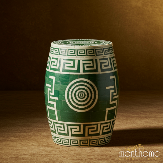 Green and White inlay Garden Stool with Greek Key Pattern | Luxury Handmade Stool