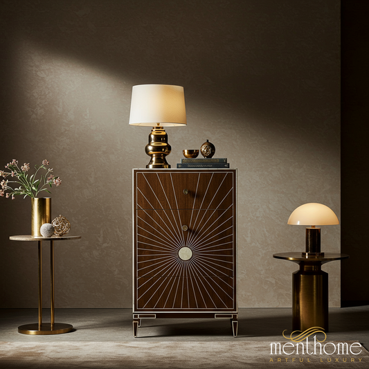 Sunburst Patterned Wooden Cabinet with Gold Accents | Luxury Handmade Tallboy