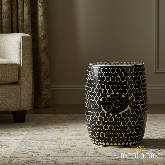 Black and White Geometric inlay Stool | Luxury Handmade Stool