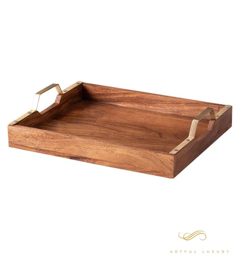 Plaid Brown Teak Wood Serving Tray | Luxury Handmade Trays