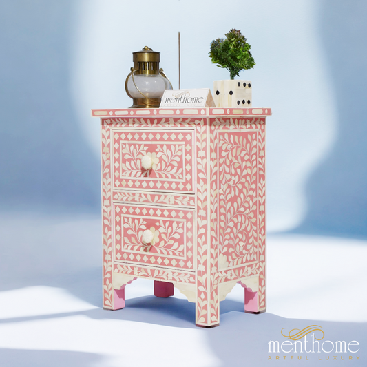 Dark Pink Bone Inlay Handmade Bedside Table with Two Drawers | Luxury Handmade Bedside Table