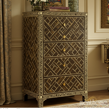 Handcrafted Bone Inlay Chest of Drawers | Luxury Handmade Tallboy