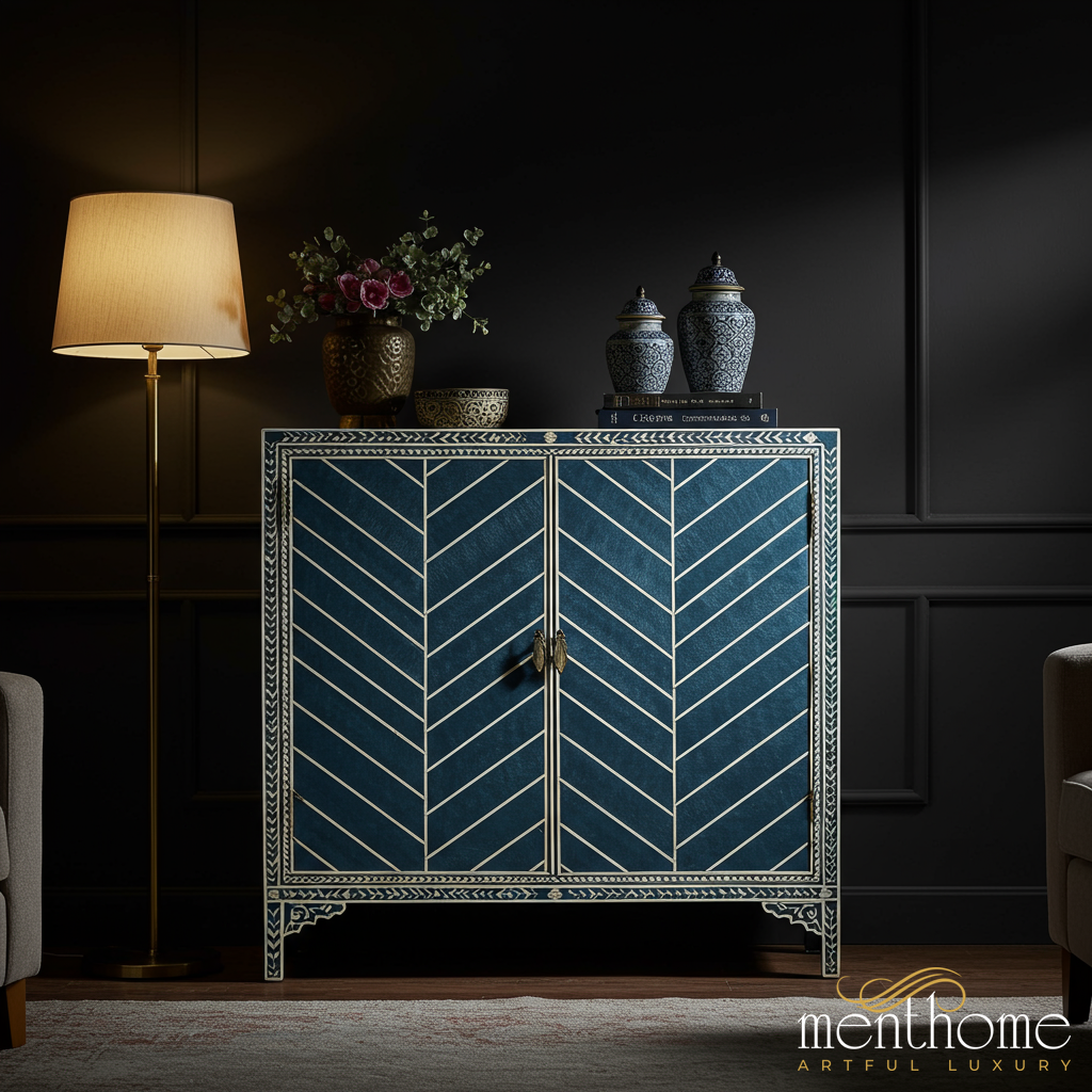Blue Geometric Pattern Wooden Storage Cabinet | Luxury Handmade Cabinet
