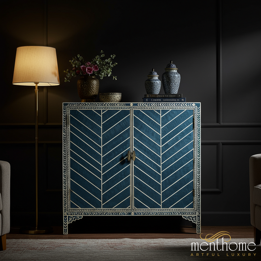 Blue Geometric Pattern Wooden Storage Cabinet | Luxury Handmade Cabinet
