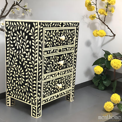 Leaf Design Black and White 3 Drawer Resin Bedside Table | Luxury Handmade Bedside Table