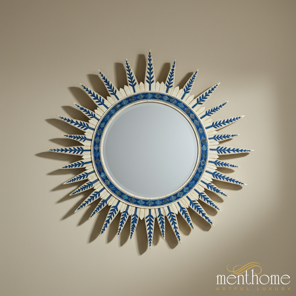 Sunburst Decorative Wall Mirror with Blue Leaf Pattern | Luxury Handmade Mirror