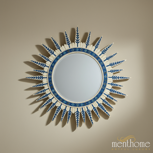 Sunburst Decorative Wall Mirror with Blue Leaf Pattern | Luxury Handmade Mirror