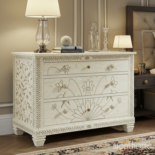 Antique White Floral Hand-Painted Wooden Dresser | Luxury Handmade Dresser