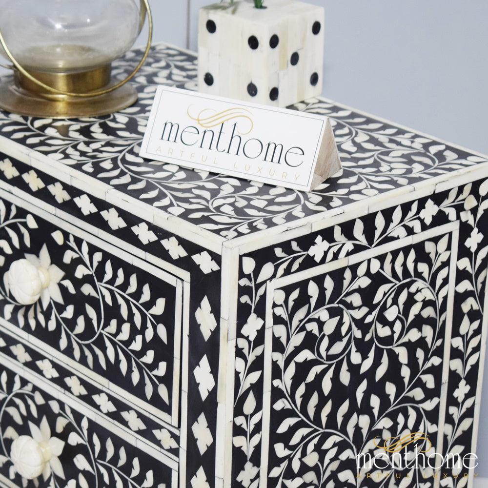 Black Bone Inlay 2 drawers Floral Pattern Nightstand | Luxury Handmade Bedside Table