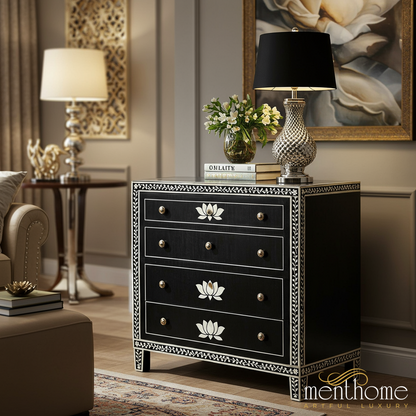 Elegant Black Wooden Chest of Drawers with Floral Inlay | Luxury Handmade Dresser