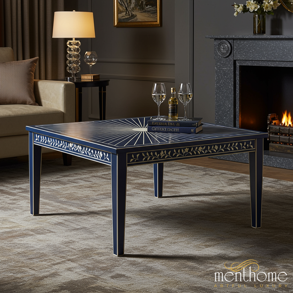 Elegant Navy Blue and Gold Accent Coffee Table | Luxury Handmade Coffee Table