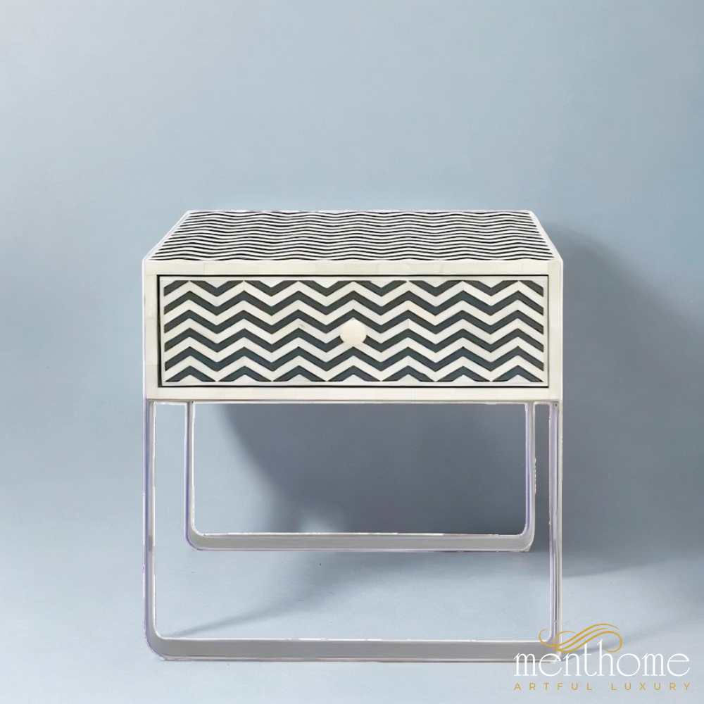 Chevron Pattern Bedside Table with Metal Base | Luxury Handmade Bedside Table