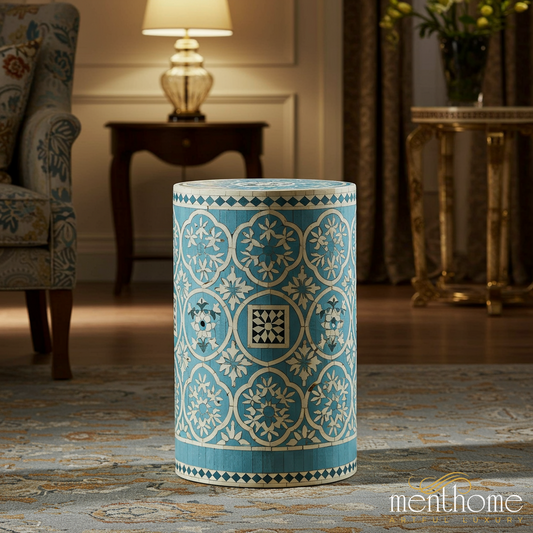 Blue Floral Mosaic inlay Garden Stool | Luxury Handmade Stool