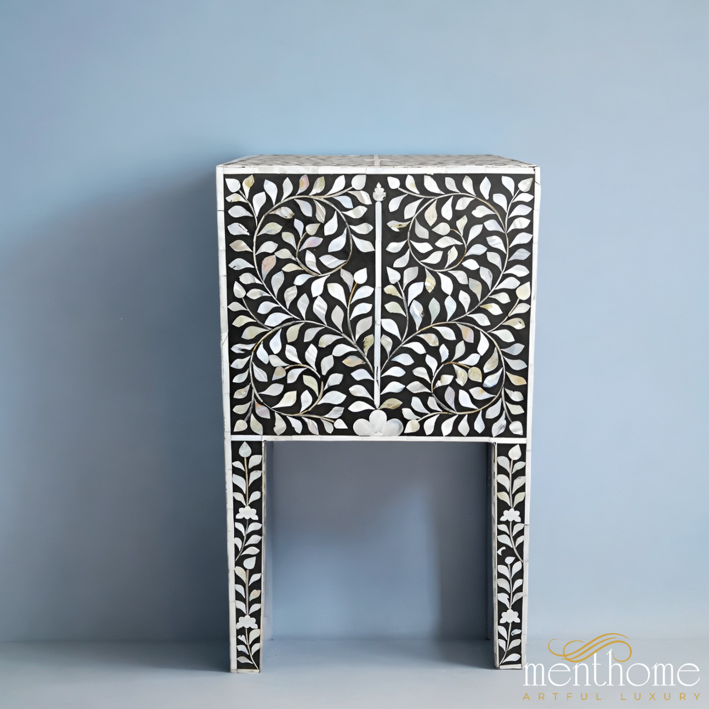 Mother of Pearl floral Dark Grey Bedside table | Luxury Handmade Bedside Table