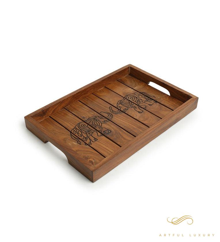 Ethereal Elephants Brown Sheesham Wood Serving Tray | Luxury Handmade Trays