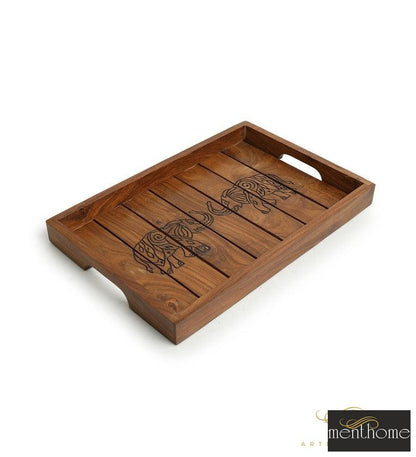 Ethereal Elephants Brown Sheesham Wood Serving Tray | Luxury Handmade Trays