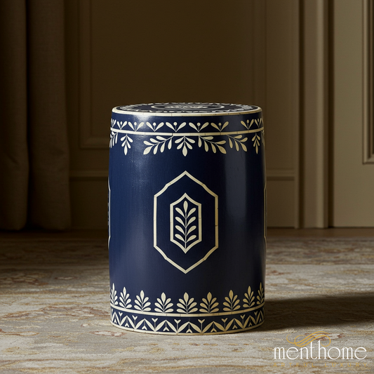 Blue inlay Garden Stool with White Leaf Pattern | Luxury Handmade Stool