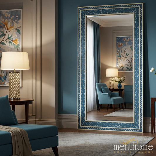 Elegant Floor Mirror with Decorative Blue Frame | Luxury Handmade Mirror