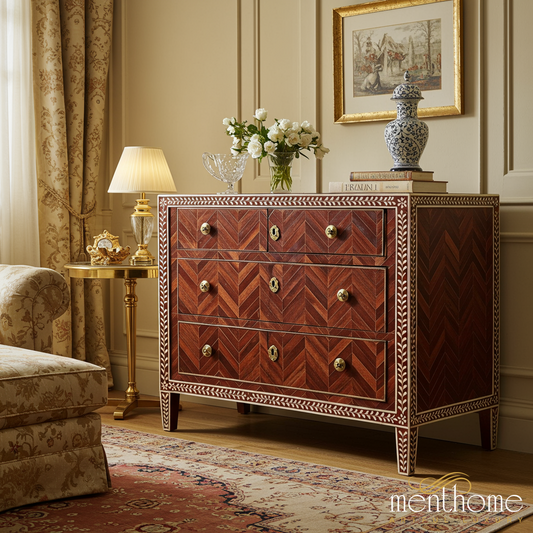 Vintage Wooden Chest of Drawers with Inlaid Design | Luxury Handmade Dresser