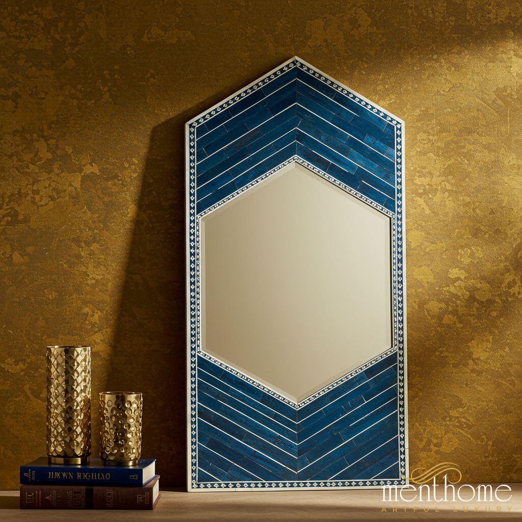 Hexagonal Wall Mirror with Blue Mosaic Frame | Luxury Handmade Mirror