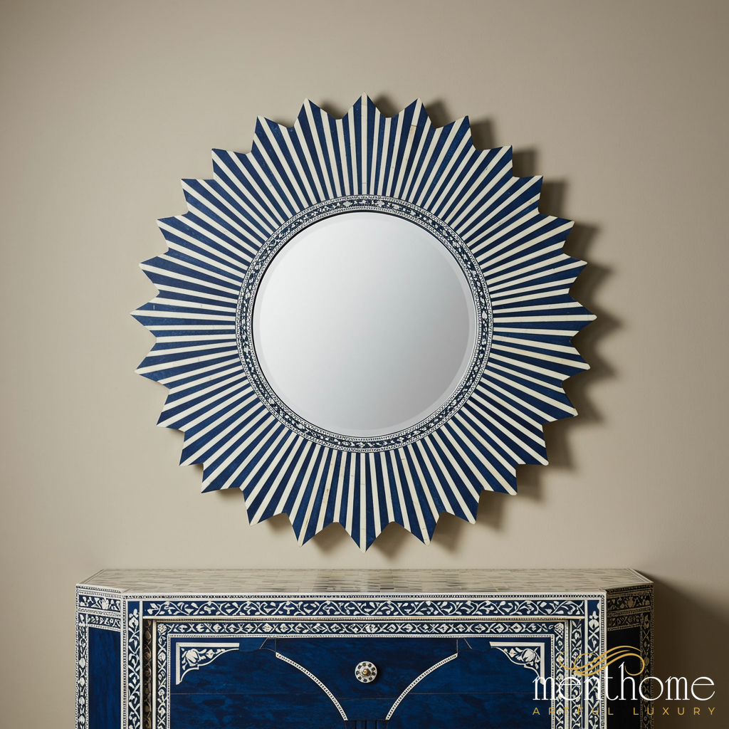 Sunburst Blue and White Decorative Wall Mirror | Luxury Handmade Mirror