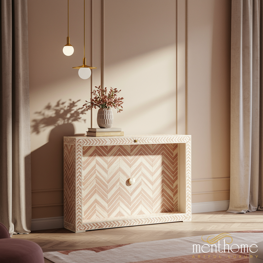 Chevron Pattern Wooden Console Cabinet | Luxury Handmade Console