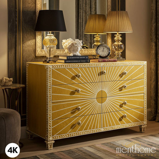 Vintage Yellow Sunburst Dresser Chest | Luxury Handmade Dresser