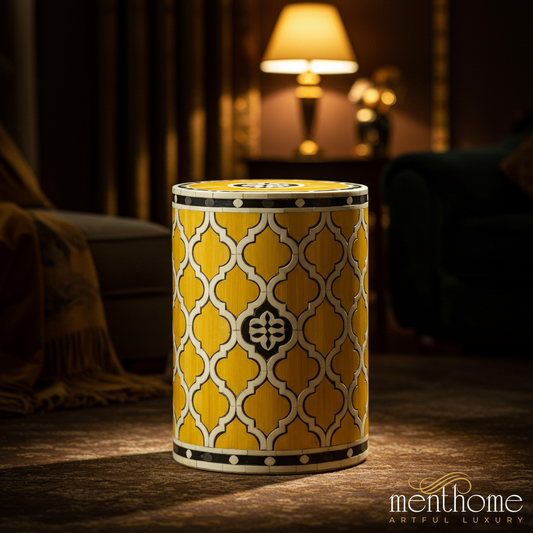 Decorative Yellow Moroccan Patterned Side Table | Luxury Handmade Stool