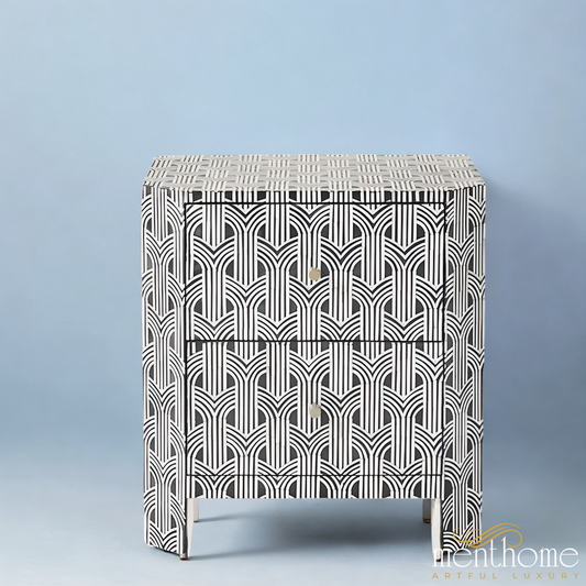 Geometrical Bone Inlay 2 Drawer Nightstand | Luxury Handmade Bedside Table