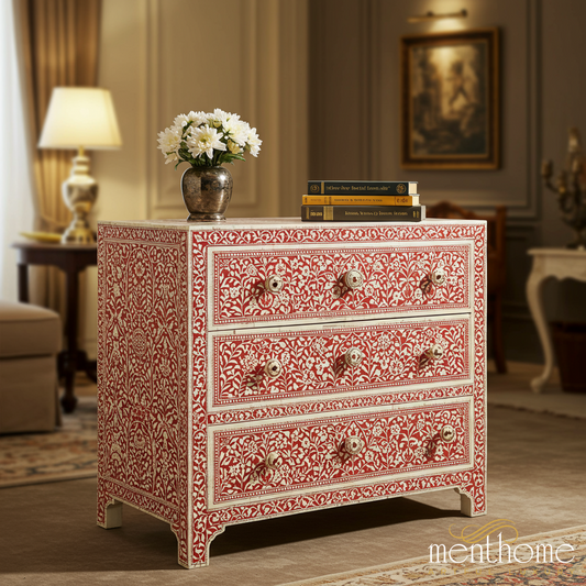 Handcrafted Red and White Floral Patterned Wooden Chest of Drawers | Luxury Handmade Chest of Drawer