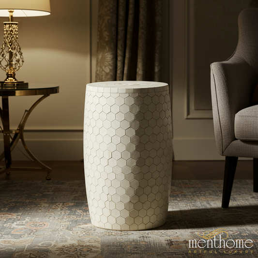 White Hexagonal Patterned inlay Side Table