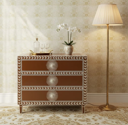 Brown Bone Inlay Three-Drawer Bedside Table with Sunburst Motif