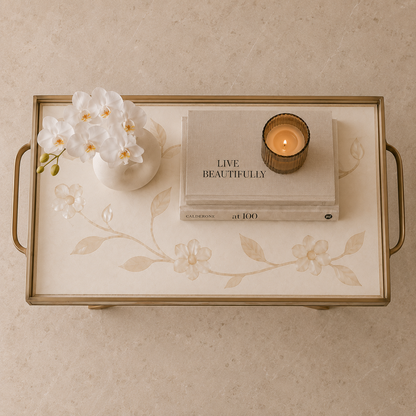 Ivory Mother-of-Pearl Inlay Butler Tray Table with Antique Brass Folding Stand – Handcrafted Floral & Leaf Design