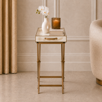 Ivory Mother-of-Pearl Inlay Butler Tray Table with Antique Brass Folding Stand – Handcrafted Floral & Leaf Design