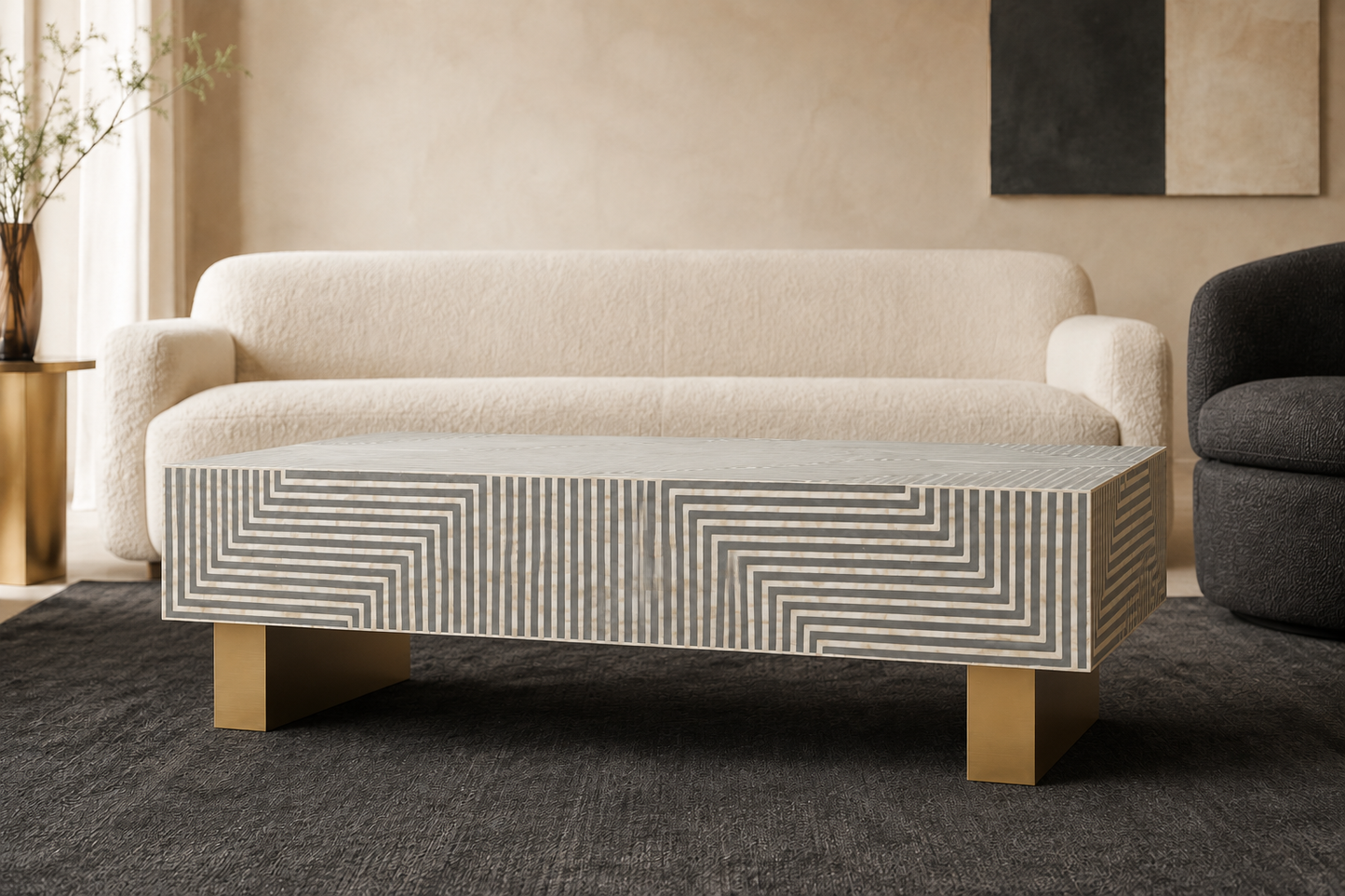 Luxury Grey Bone Inlay Coffee Table with Brass Legs