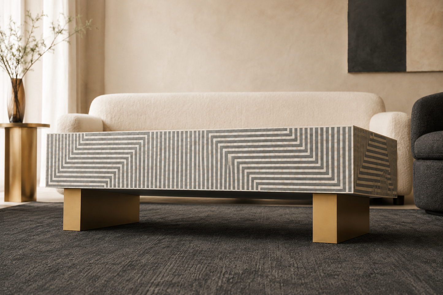 Luxury Grey Bone Inlay Coffee Table with Brass Legs
