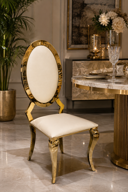 Luxury Brass Oval Back Dining Chair with Cream Upholstery | Modern Gold Metal Accent Chair