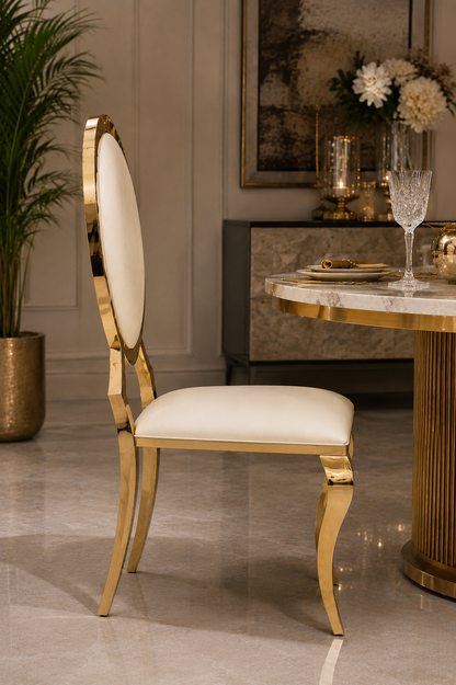 Luxury Brass Oval Back Dining Chair with Cream Upholstery | Modern Gold Metal Accent Chair