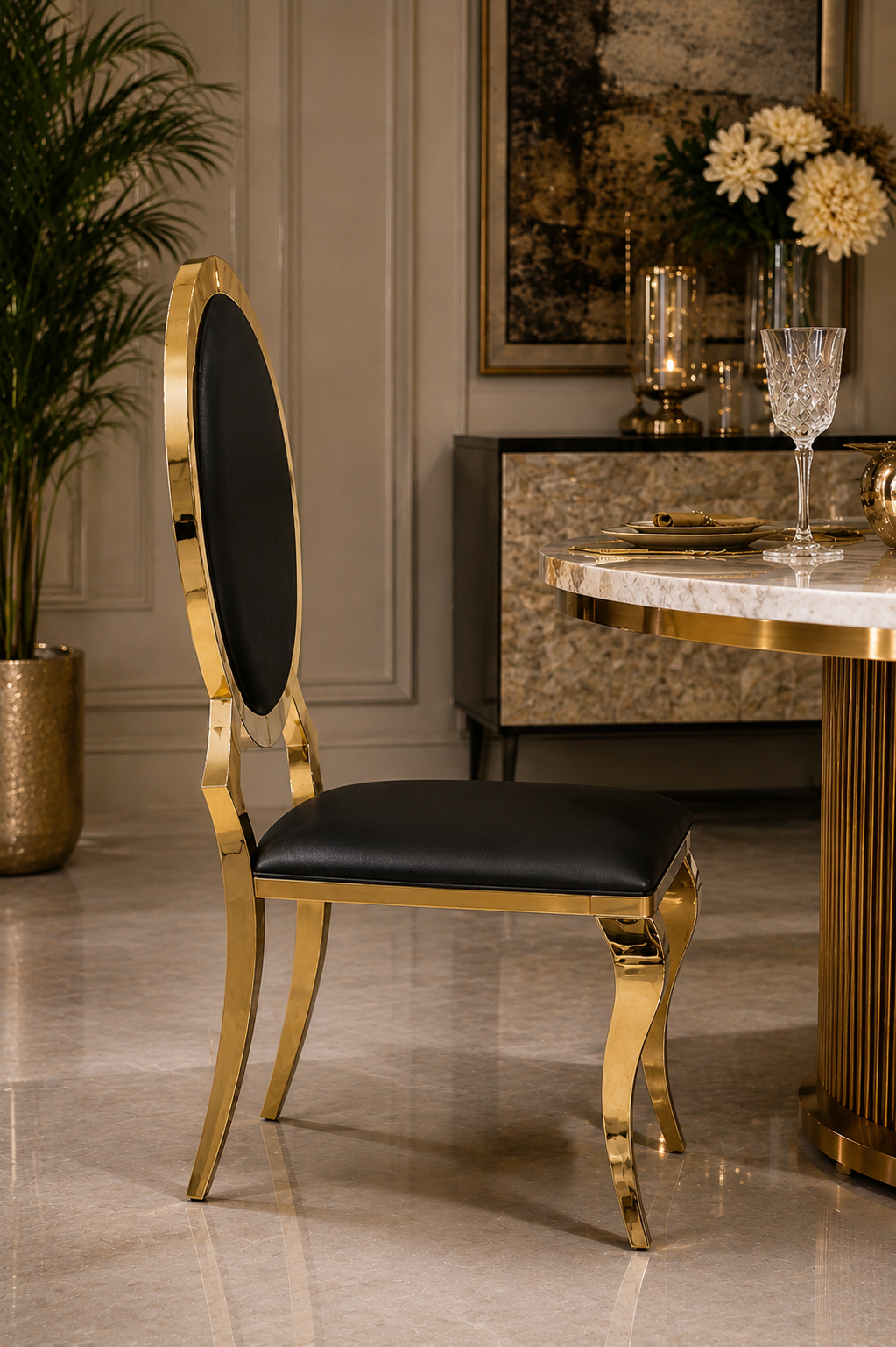 Luxury Brass Oval Back Dining Chair with Cream Upholstery | Modern Gold Metal Accent Chair