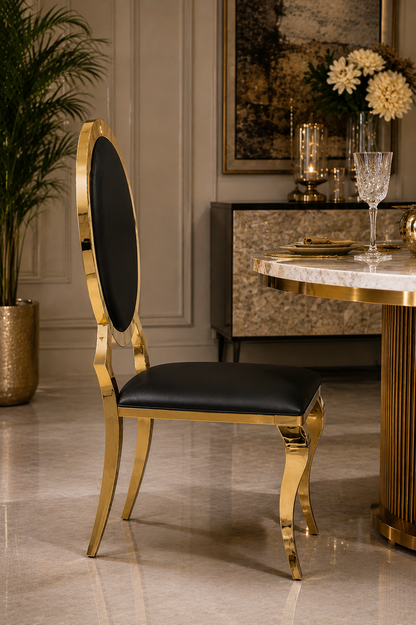 Luxury Brass Oval Back Dining Chair with Cream Upholstery | Modern Gold Metal Accent Chair