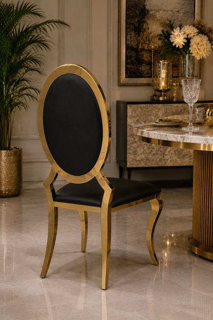 Luxury Brass Oval Back Dining Chair with Cream Upholstery | Modern Gold Metal Accent Chair