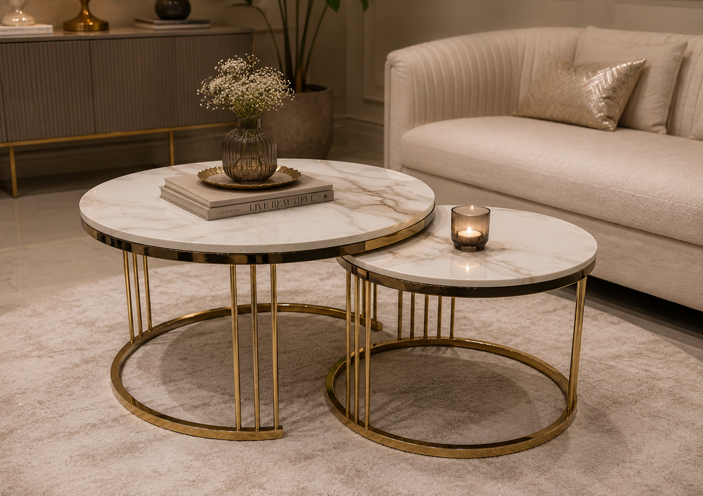 Contemporary Round Golden Frame White Marble Top Designer Nesting Coffee Table Set – Set of 2