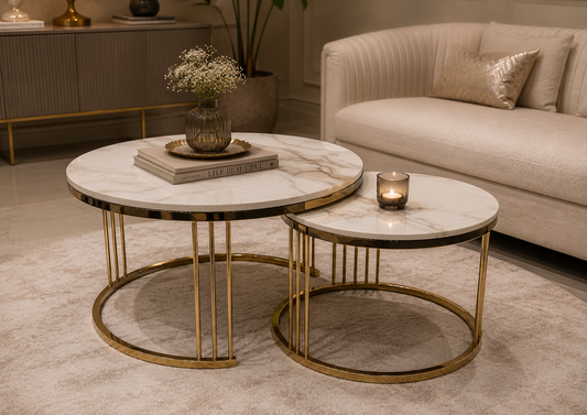 Contemporary Round Golden Frame White Marble Top Designer Nesting Coffee Table Set – Set of 2
