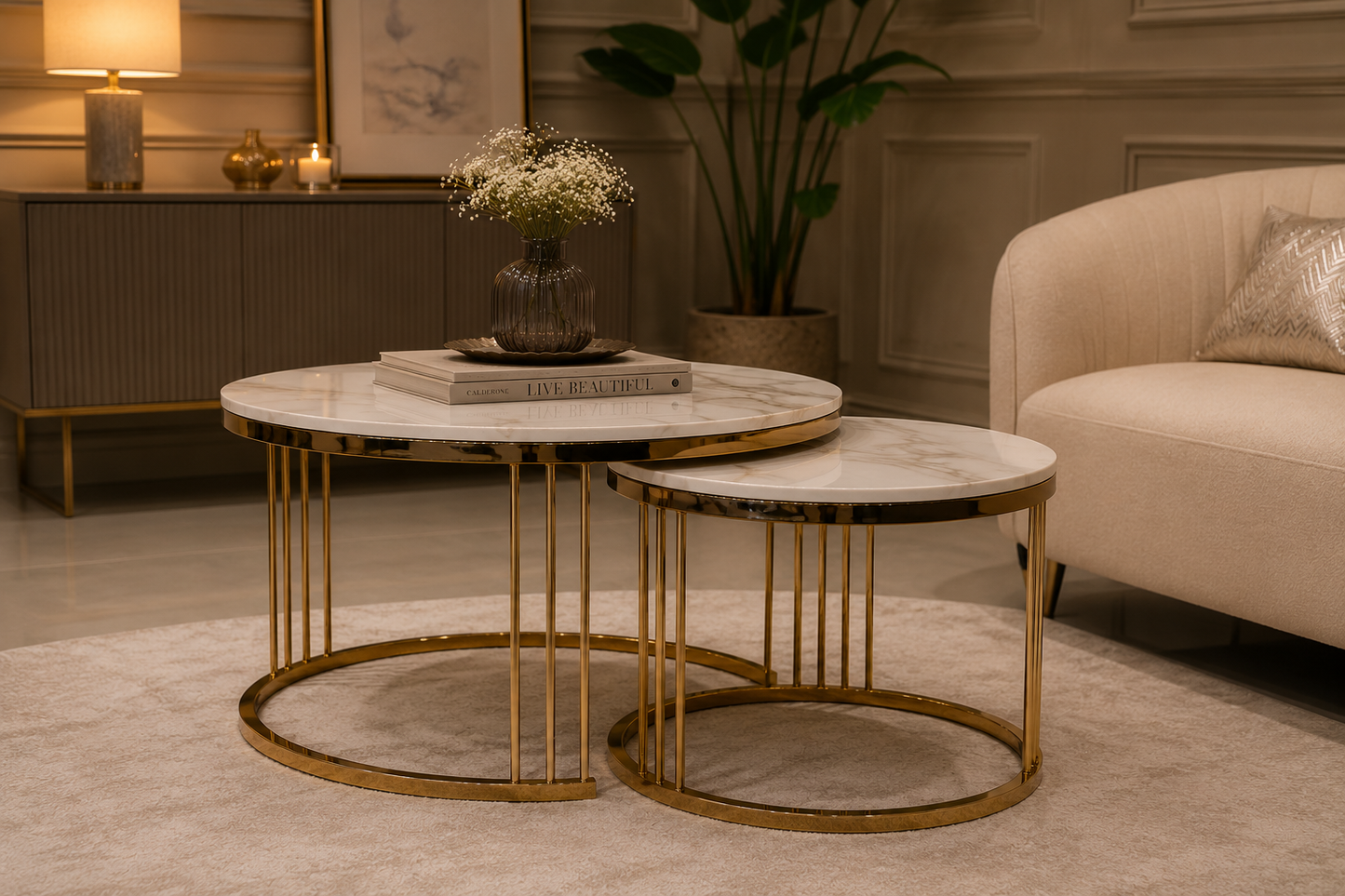 Contemporary Round Golden Frame White Marble Top Designer Nesting Coffee Table Set – Set of 2